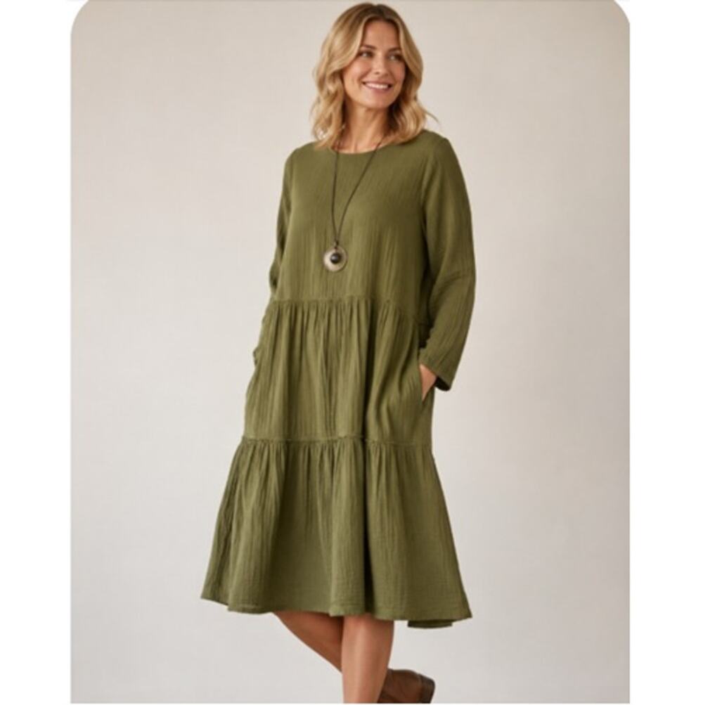 Shannon Passero Tiered Midi Dress Womens Small Green Long Sleeve Gauze Cotton